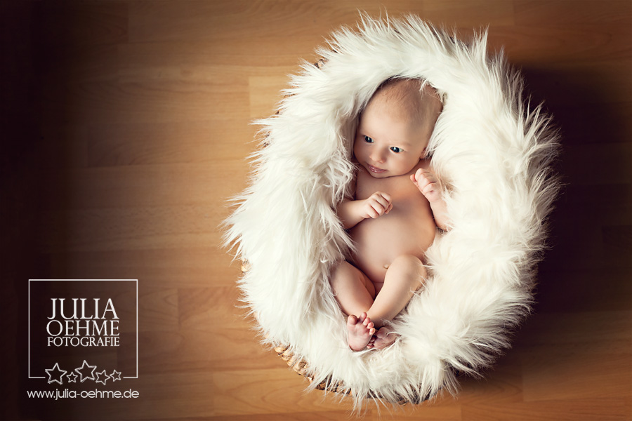 l-20111205-neugeborenenfotograf-leipzig-1-blog Baby liegt für Fotoshooting mit natürlichem Licht mit einem Schafsfell in einem Korb